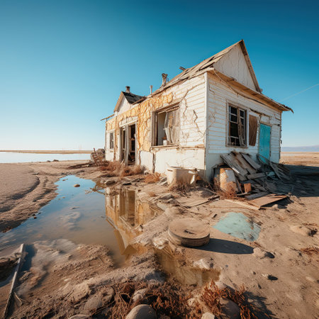 Desolate Abandonment: A Dilapidated House in a Desert Landscape,abandoned house in the desertの素材