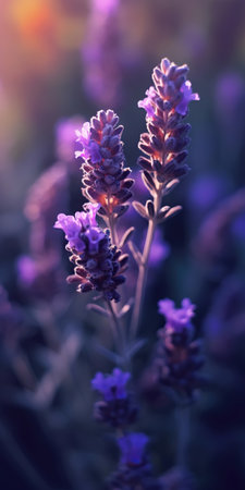 Twilight Serenity: A Lavender Field at Sunset,close up of lavender,close up of lavender flowersの素材