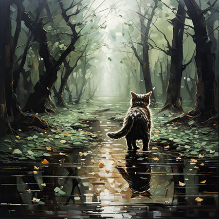 Autumn Serenity: A Cat in the Forest Streamの素材