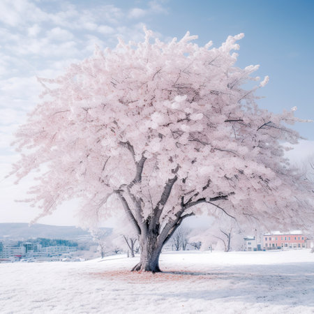 Winter's Blossom: Cherry Trees Defying the Snowtree in snowの素材
