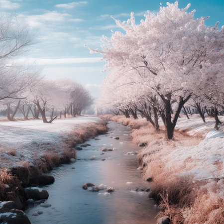 Winter's Blossom: Cherry Trees Defying the Snowtree in snowの素材