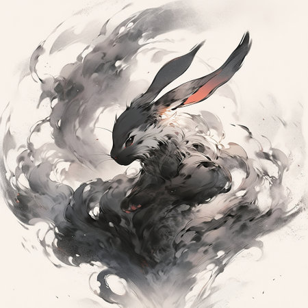 Ink Wash Illustration of a Rabbit Amidst Foliageの素材