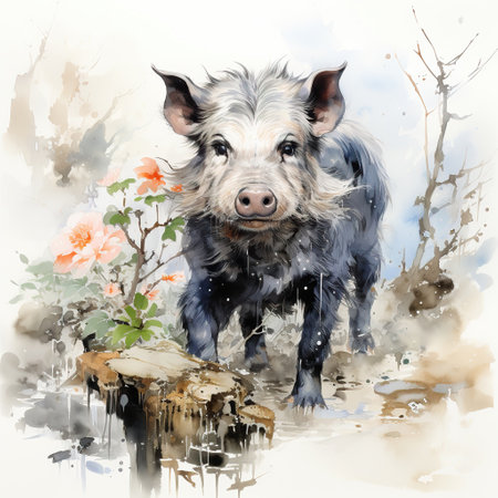 Watercolor Painting of a Wild Boar in a Natural Landscape,wild boar in a fieldの素材