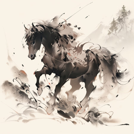 Majestic Horse in Motion: A Symbol of Freedom and Power,Chinese Ink Painting by Dark Horseの素材