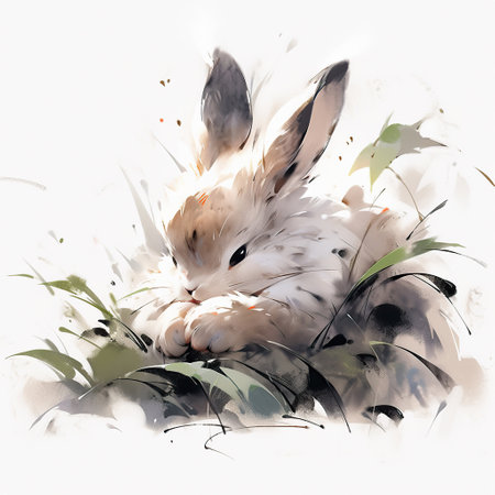 Ink Wash Illustration of a Rabbit Amidst Foliageの素材