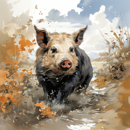 Watercolor Painting of a Wild Boar in a Natural Landscape,wild boar in a fieldの素材