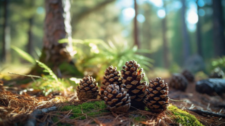 Forest's Hidden Treasures: Pine Cones Amidst the Greenery,pine cone in the forestの素材