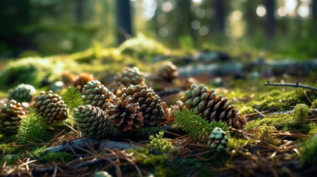 Forest's Hidden Treasures: Pine Cones Amidst the Greenery,pine cone in the forestの素材