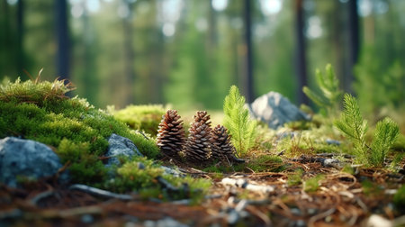 Forest's Hidden Treasures: Pine Cones Amidst the Greenery,pine cone in the forestの素材