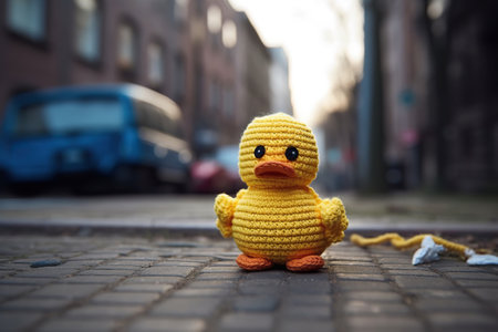 Photo for Close-up of the scene of knitting a duckling doll with yellow yarn - Royalty Free Image