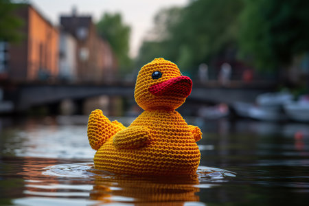 Close-up of the scene of knitting a duckling doll with yellow yarnの素材
