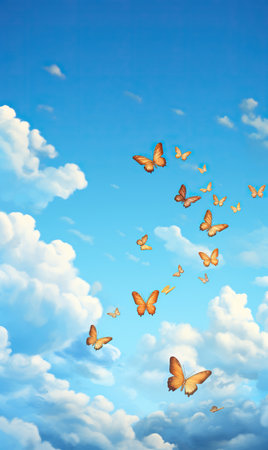 Aerial Ballet: Butterflies Dancing in the Sky, Butterflies fly in the blue sky with white clouds.の素材
