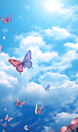 Aerial Ballet: Butterflies Dancing in the Sky, Butterflies fly in the blue sky with white clouds.の素材
