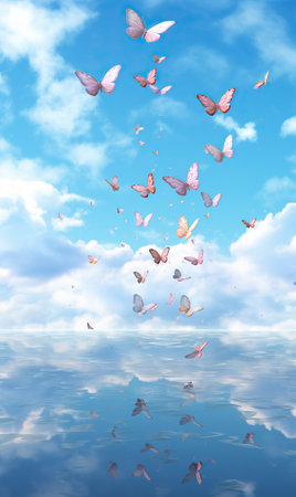 Aerial Ballet: Butterflies Dancing in the Sky, Butterflies fly in the blue sky with white clouds.の素材