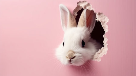 Curious Bunny Peeking Out of a Pink Wonderland,white rabbit on pink backgroundの素材