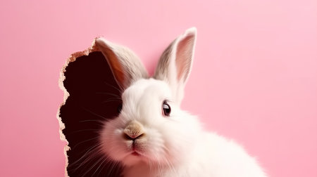 Curious Bunny Peeking Out of a Pink Wonderland,white rabbit on pink backgroundの素材