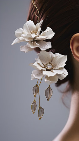 Elegant Nature: Gold Earrings Dangling from a Stem of White Flowersの素材