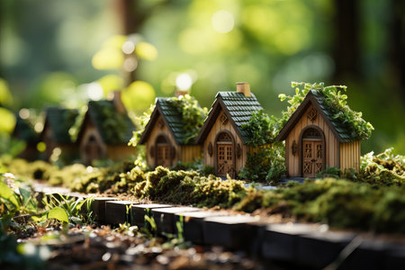 Miniature house model in the forest, pocket-sized modelの素材