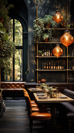 A Cozy Tea Party in a Blue and Gold Dining Room,cafe in the night,restaurant in the nightの素材