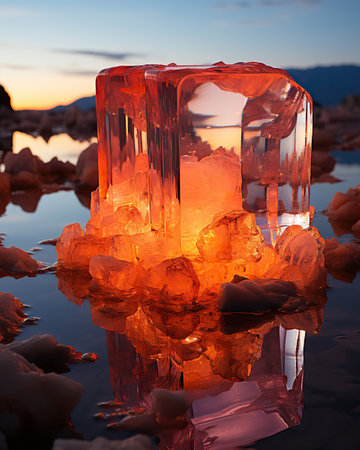 Frozen Fantasy: Majestic Ice Sculptures Illuminated at Sunsetの素材