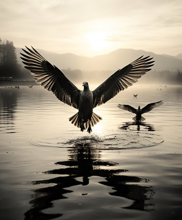 Majestic Morning: A Goose Spreads Its Wings on a Misty Lakeの素材