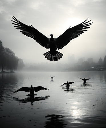 Majestic Morning: A Goose Spreads Its Wings on a Misty Lakeの素材