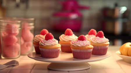 Delicious Raspberry Cupcakes on a Festive Table,cupcakes with cream,cupcakes with cream and berriesの素材