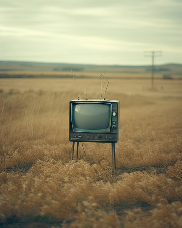 Nostalgia in Nature: A Vintage Television Amidst Golden Wheat,old tv on grassの素材