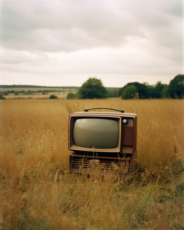 Nostalgia in Nature: A Vintage Television Amidst Golden Wheat,old tv on grassの素材