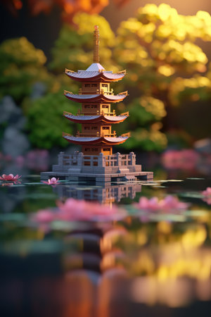 Springtime Serenity: Traditional Chinese Pagoda Amidst Cherry Blossomsの素材