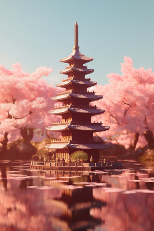 Springtime Serenity: Traditional Chinese Pagoda Amidst Cherry Blossomsの素材
