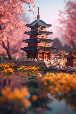 Springtime Serenity: Traditional Chinese Pagoda Amidst Cherry Blossomsの素材
