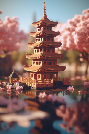Springtime Serenity: Traditional Chinese Pagoda Amidst Cherry Blossomsの素材