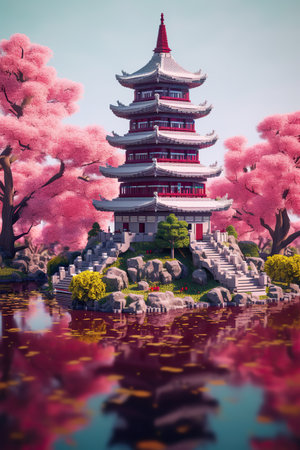 Springtime Serenity: Traditional Chinese Pagoda Amidst Cherry Blossomsの素材