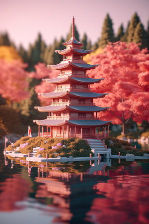 Springtime Serenity: Traditional Chinese Pagoda Amidst Cherry Blossomsの素材