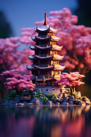 Springtime Serenity: Traditional Chinese Pagoda Amidst Cherry Blossomsの素材