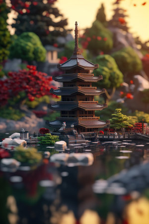 Springtime Serenity: Traditional Chinese Pagoda Amidst Cherry Blossomsの素材