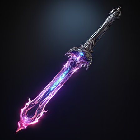 The Enchanted Blade: A Fantasy Sword Illuminated by Blue Lightningの素材