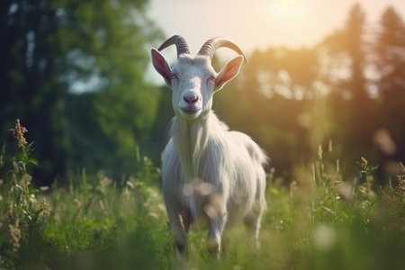 Serene Afternoon: A Goat Resting in the Sunlit Meadowの素材