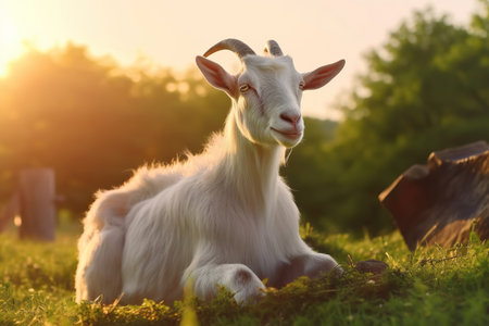 Serene Afternoon: A Goat Resting in the Sunlit Meadowの素材