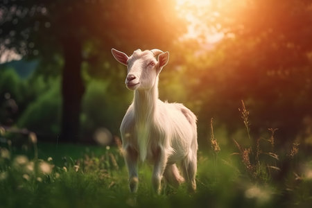 Serene Afternoon: A Goat Resting in the Sunlit Meadowの素材