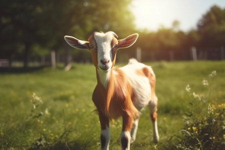 Serene Afternoon: A Goat Resting in the Sunlit Meadowの素材