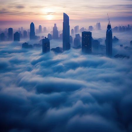 Dawn's Embrace: San Francisco Skyline Above the Clouds,sunrise over the cityの素材