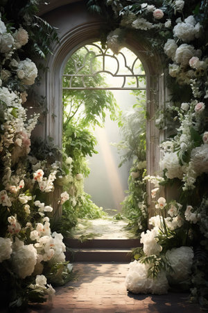 Elegance in Bloom: A Sunlit Room Adorned with a Floral Archwayの素材