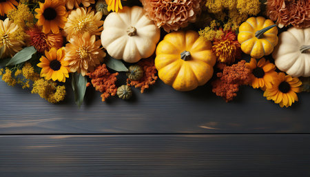 Autumnal Harmony: Pumpkins and Flowers on a Wooden Background,pumpkin and autumn leavesの素材