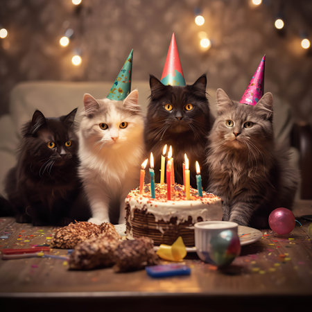 Furry Festivities: Cats Celebrating a Birthday Party,Children's Illustrationの素材