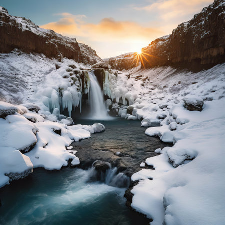 Frozen Majesty: An Icy Waterfall at Sunsetの素材