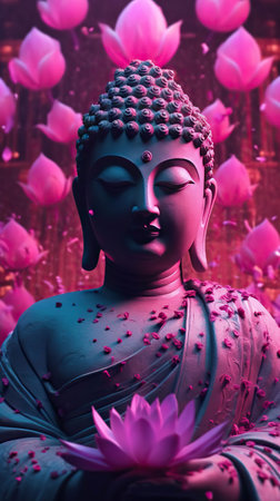 Serenity in Stone: A Buddha Statue Amidst Pink Lotus Flowersの素材