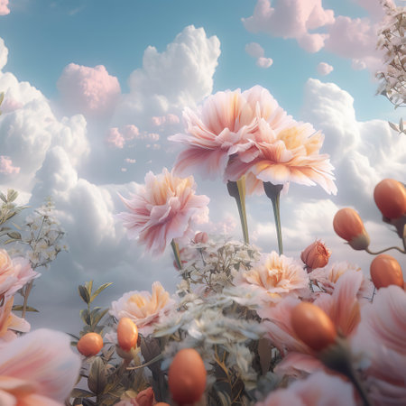 Blossom Bliss: A Field of Pink and White Flowers Under a Clear Blue Skyの素材