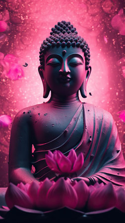 Serenity in Stone: A Buddha Statue Amidst Pink Lotus Flowersの素材